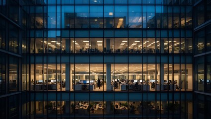 Modern Office Building Interior During Evening Hours with Warmly Lit Workspaces