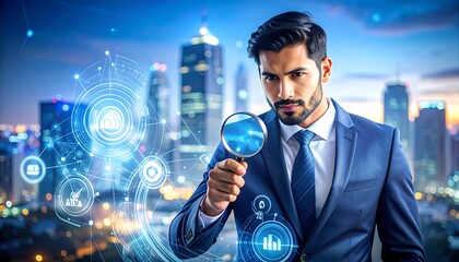 Businessman examines data with magnifying glass over city skyline