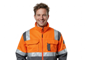 A smiling man wearing an orange hivis work jacket with reflective stripes, isolated on a transparent background
