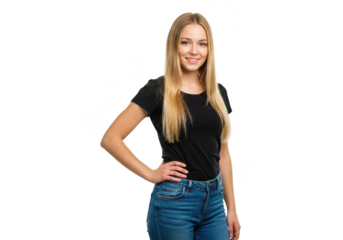 A young blonde woman in a black tshirt and blue jeans smiles confidently while posing with her hand on her hip, isolated on a transparent background