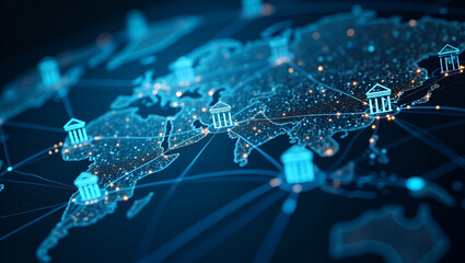 Realistic International Banking System Concept: Global Bank Branches, Interconnected Network, SWIFT Transactions, Central Bank Regulation - High Detail Composition with Empty Space on Left