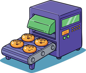 Automated bakery production machine with conveyor belt and baked bread vector illustration