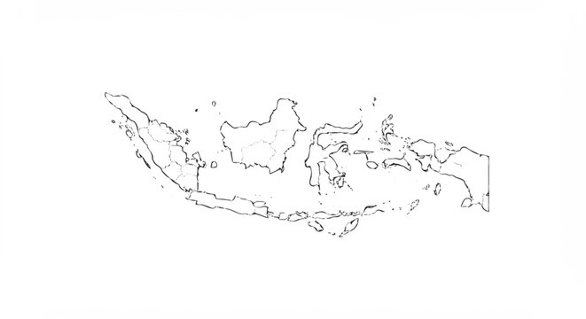 Black and white minimal line drawing map of
Indonesia, divided by administrative provincial
boundaries.