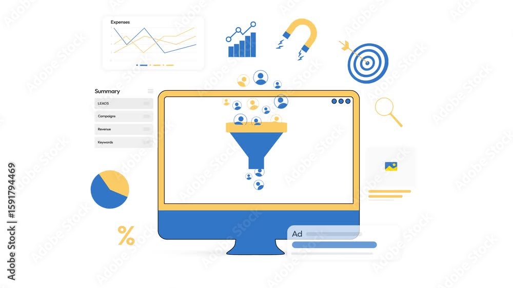 Poster leads generating showing on the computer screen in two colors, corporate style 4k animation infograp