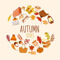 Hand drawn autumn vector illustration. Background with autumn elements. Autumn design elements with Autumn Vibes lettering text
