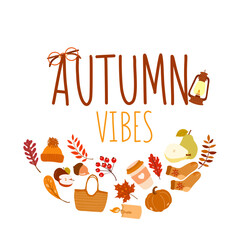Hand drawn autumn vector illustration. Background with autumn elements. Autumn design elements with Autumn Vibes lettering text