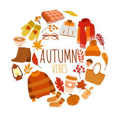 Hand drawn autumn vector illustration. Background with autumn elements. Autumn design elements with Autumn Vibes lettering text