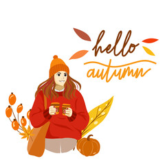 Hand drawn autumn vector illustration. Background with autumn elements. Autumn design elements with Hello Autumn!