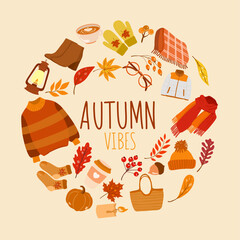 Hand drawn autumn vector illustration. Background with autumn elements. Autumn design elements with Autumn Vibes lettering text