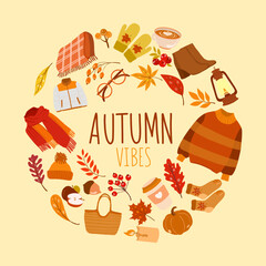 Hand drawn autumn vector illustration. Background with autumn elements. Autumn design elements with Autumn Vibes lettering text!