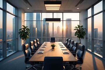 Modern Corporate Boardroom with City Skyline Views at Sunset