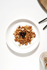 Healthy Breakfast. Greek Yogurt and Freshly Baked Granola with Nuts and Seeds. Dairy Products and Fiber Food.              