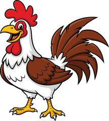 Cartoon rooster with red comb, yellow beak, brown feathers, proud farm bird, children’s illustration, rural theme, vector animal, colorful design