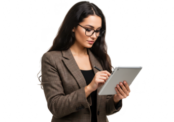A professional businesswoman wearing glasses and a suit uses a tablet, isolated on transparent background