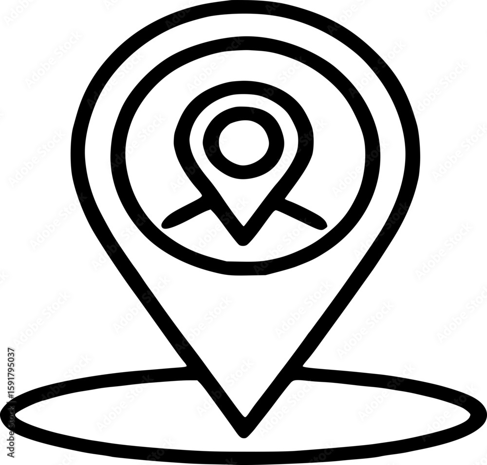 Poster outline drawing of a location pin with a smaller pin inside and a circular base underneath it shown