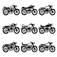 Diverse black motorcycle silhouettes collection motorbike vintage