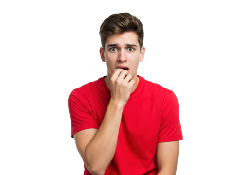A young man in a red shirt looks shocked and bites his nails, isolated on transparent background