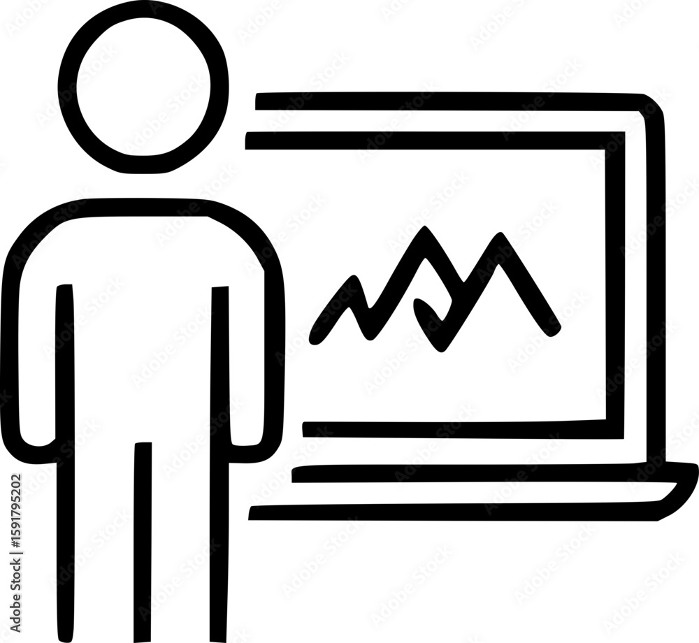 Poster person presenting data on a laptop screen with a graph in black and white line drawing style design