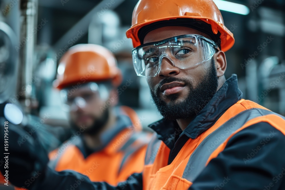 Poster diverse team of technicians installing spinner blocks and attachments in busy factory setting