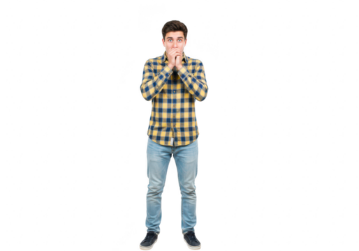 A young man with brown hair and blue eyes, wearing a plaid shirt and jeans, covering his mouth with his hands in shock isolated on a transparent background