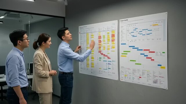 Team members collaborating in a modern office, discussing project timelines on whiteboards