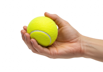 A hand holds a tennis ball isolated on a transparent background