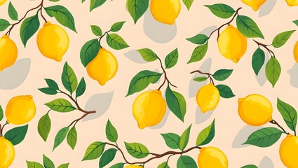 A pattern of lemons and leaves creating a vibrant and refreshing background design. Abstract lemon summer background.