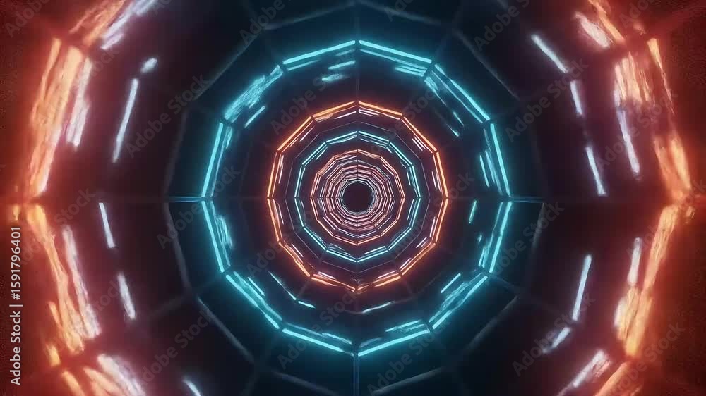 Poster vibrant neon tunnel with circular patterns, creating a mesmerizing visual effect in a digital space