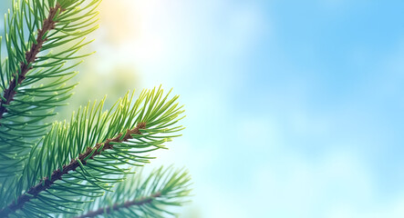 Realistic Watercolor Art: Sun-Dappled Pine Needles & Blue Sky - Summer Beauty in Photo Stock with Empty Space for Text