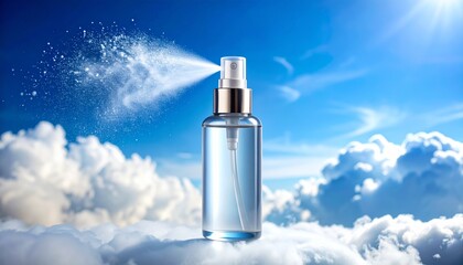 A clear spray bottle with a silver top sprays a fine mist against a bright blue sky and fluffy white clouds.