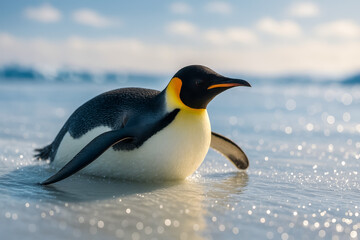 Fototapeta premium Emperor penguin sliding on ice in bright sunlight