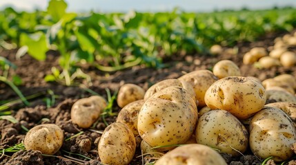 Concepts related to North Dakota agriculture. Freshly picked potatoes in a field, ready to be picked up, Generative AI.