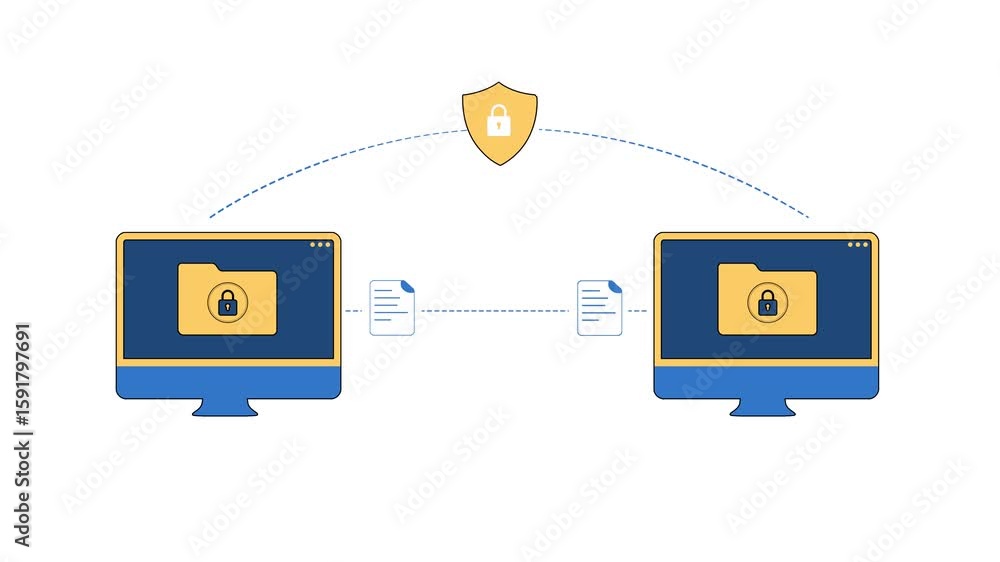 Poster secure data transferring between two computers in minimalist colors 4k animation with white backdrop