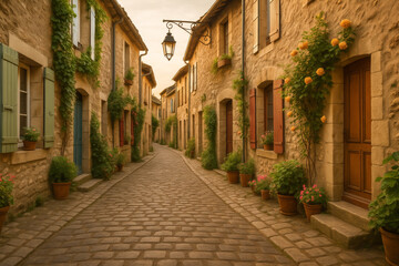 Fototapeta premium Charming cobblestone street in quaint village with flowers