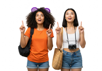 Two young women, one with curly hair wearing mouse ears, point upwards excitedly, isolated on white isolated on transparent background