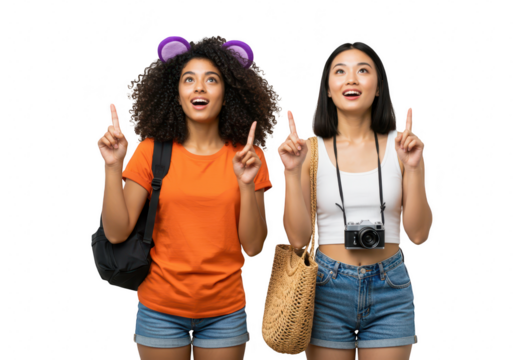 Two young women, one with curly hair wearing mouse ears, point upwards excitedly, isolated on white isolated on transparent background