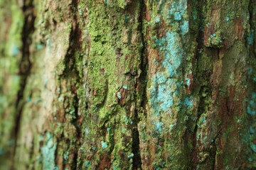 Obraz premium Close Up Texture Of Tree Bark With Green Moss And Blue Paint