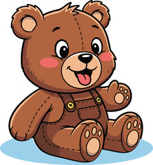 Cute cartoon teddy bear, brown overalls, stuffed animal character, playful pose, children’s toy, adorable design, vector illustration, isolated, smiling, friendly