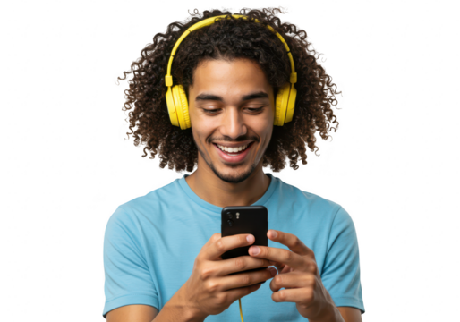 A happy young man with curly hair wearing yellow headphones, smiling while looking at his smartphone, isolated on transparent background - Powered by Adobe