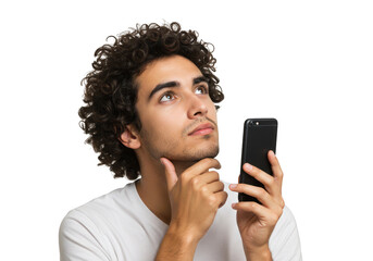 Young man with curly hair thinking while holding his smartphone isolated on transparent background