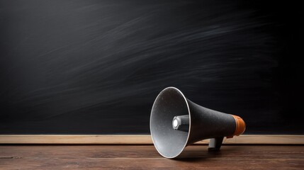 Prominent megaphone on a wooden surface with metallic horn, speckled texture, and orange-black handle against a dark chalkboard background, faint chalk marks, simple educational atmosphere.