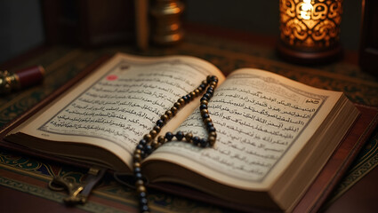 Islamic Calendar Close-Up: Arabic Calligraphy, Prayer Time Annotations & Prayer Beads on Ornate Wooden Desk with Empty Space