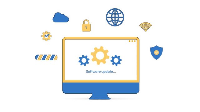 Software update showing on the computer screen with multiple shapes floating around the screen, 4k animation. Internet, setting, secure, system updating, bar.