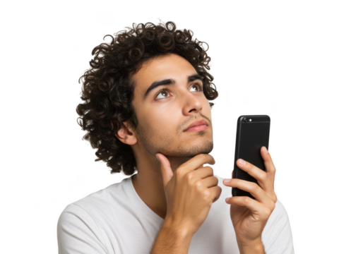 Young man with curly hair thinking while holding his smartphone isolated on transparent background