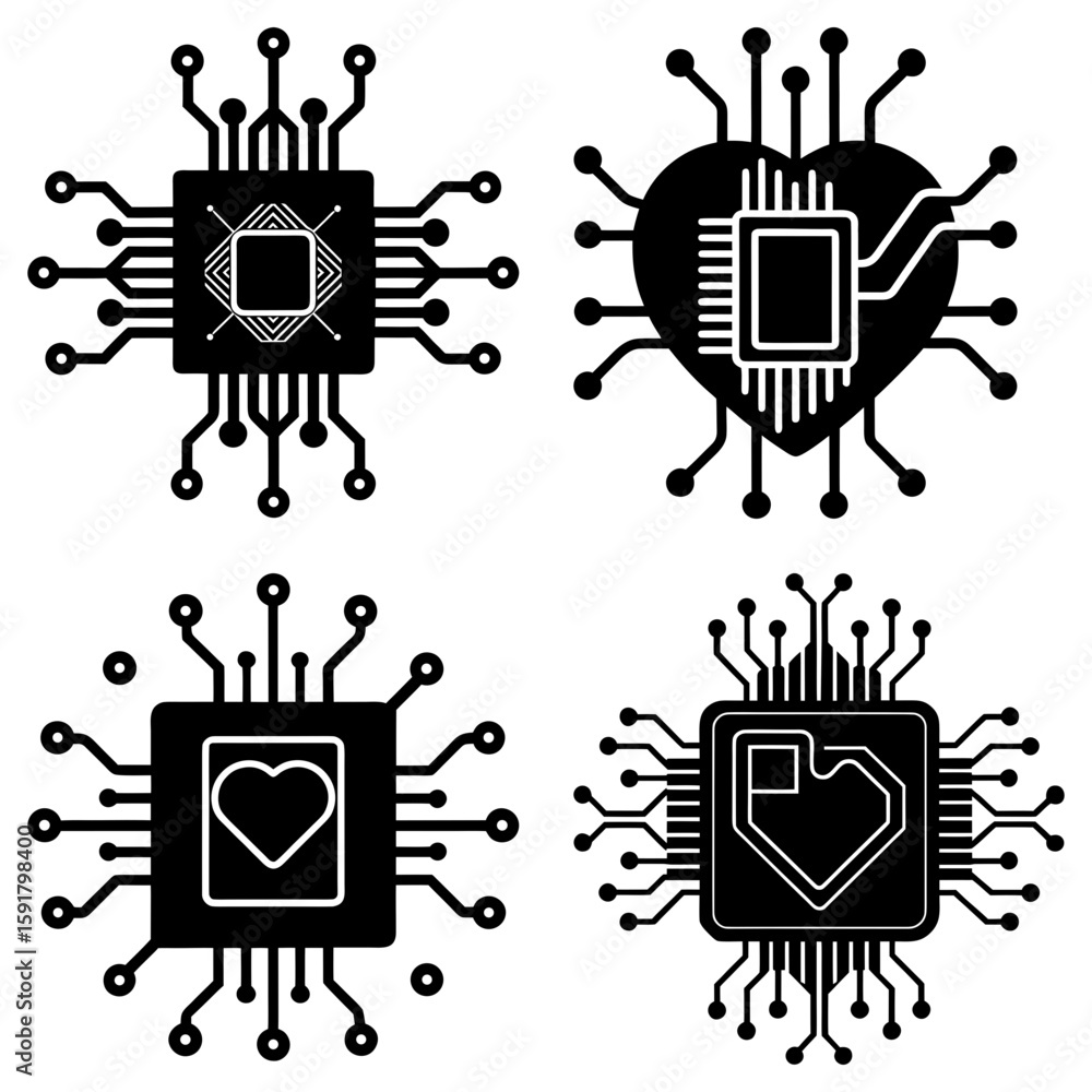 Poster illustration of four black computer chips with different designs on a white background in vector for