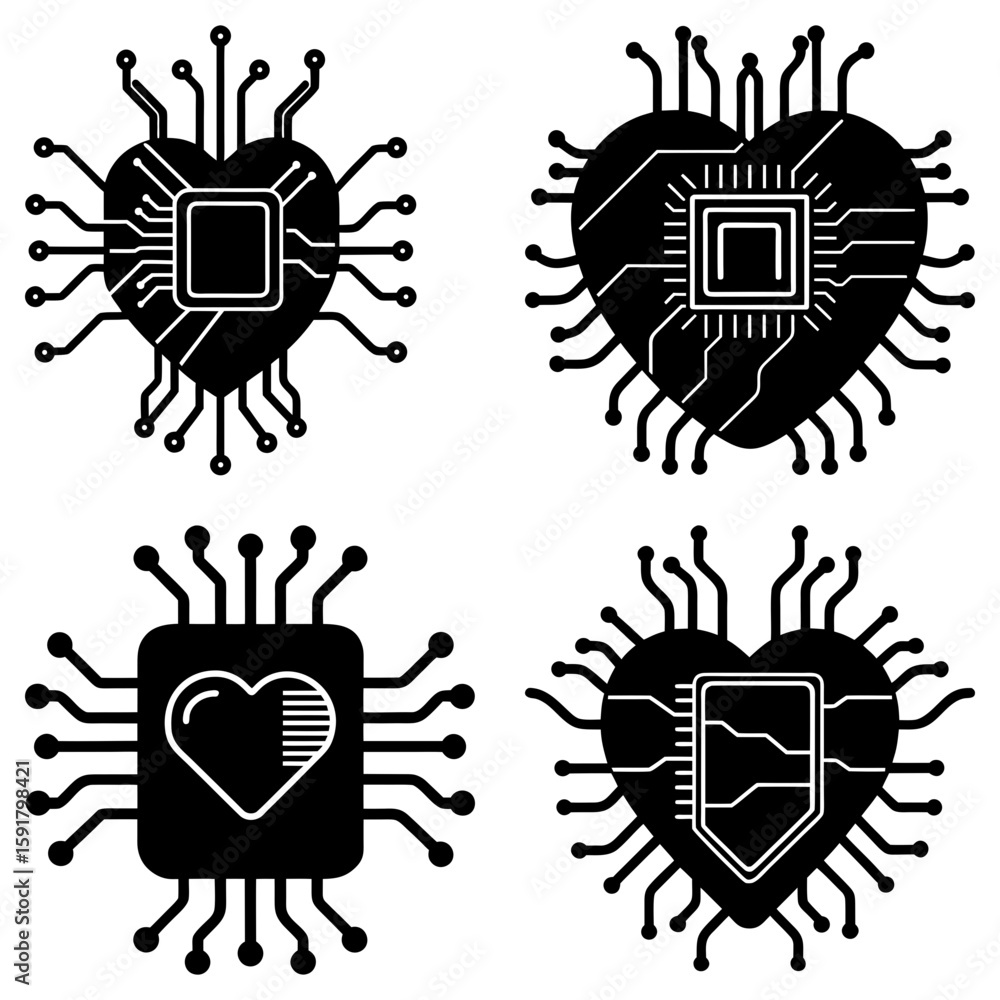 Poster four heart shaped circuits with different chip designs and connecting wires in black and white color