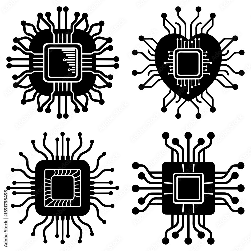 Poster four black and white computer chips with different shapes and circuit designs displayed on white bac