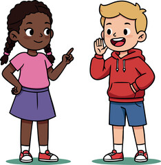 Two children talking girl in purple skirt boy in red hoodie casual clothing vector illustration