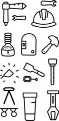 Vector art of a collection of handdrawn icons depicting construction tools and safety gear isolated on transparent background.