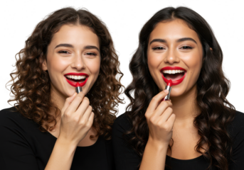 Two smiling women applying red lipstick, looking at the camera with excitement, isolated on transparent background